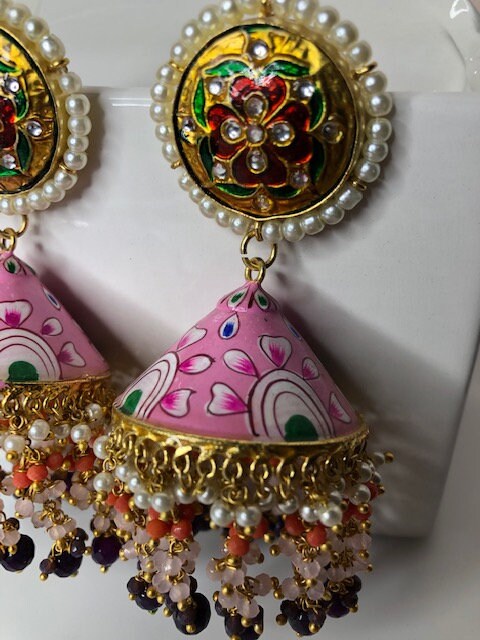 Gold and multicolor meenakari oversized pastel jhumka earrings for Indian bridal sangeet ceremony MerakeJewelry