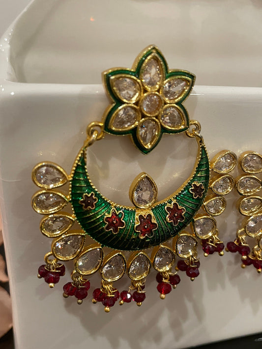 Emerald green and gold traditional jadau kundan chandbali earrings for Indian bridal sangeet MerakeJewelry