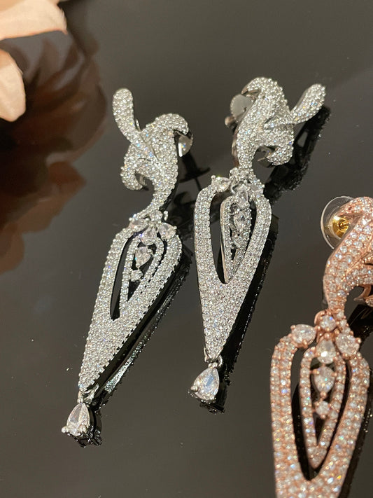 Rose gold and silver CZ statement drop earrings for Indian bridal reception ceremony MerakeJewelry