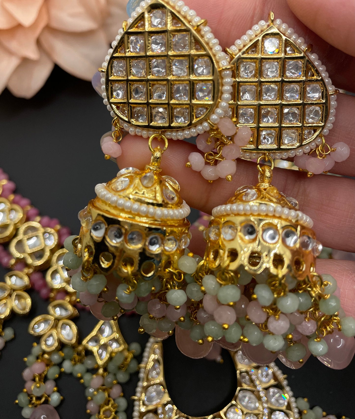 Joyería Rajasthani/collar largo rosa/joyería india de Bollywood/collar nupcial indio/joyería Mehendi/collar indio único brillante jhumka