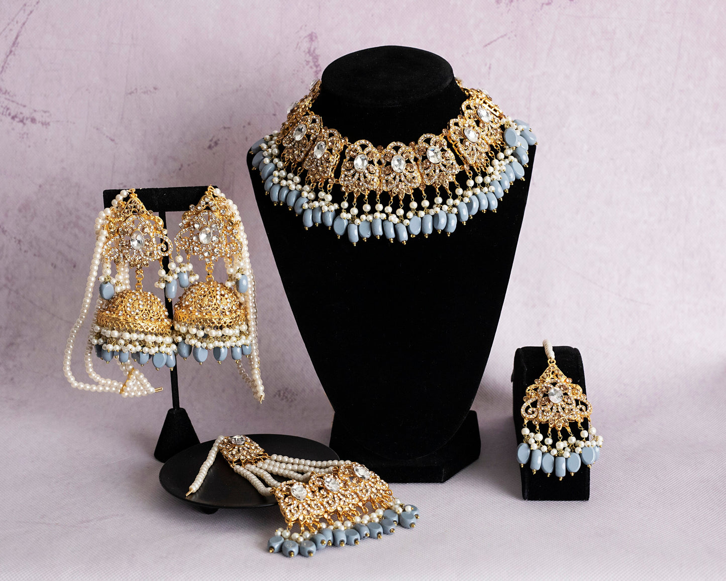 Joyería nupcial india, joyería Hyderabadi, joyería paquistaní, conjunto azul dorado, conjunto de gargantilla paquistaní, conjunto nupcial con tikka jhumka jhumar