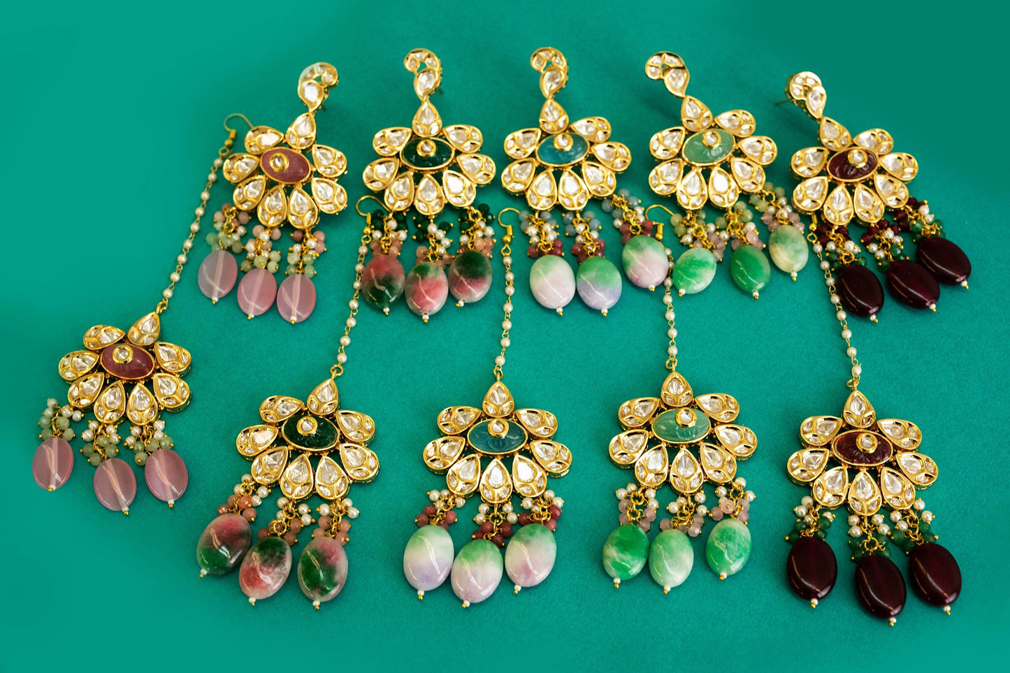 Floral Semi Precious Stone Tikka Jhumka