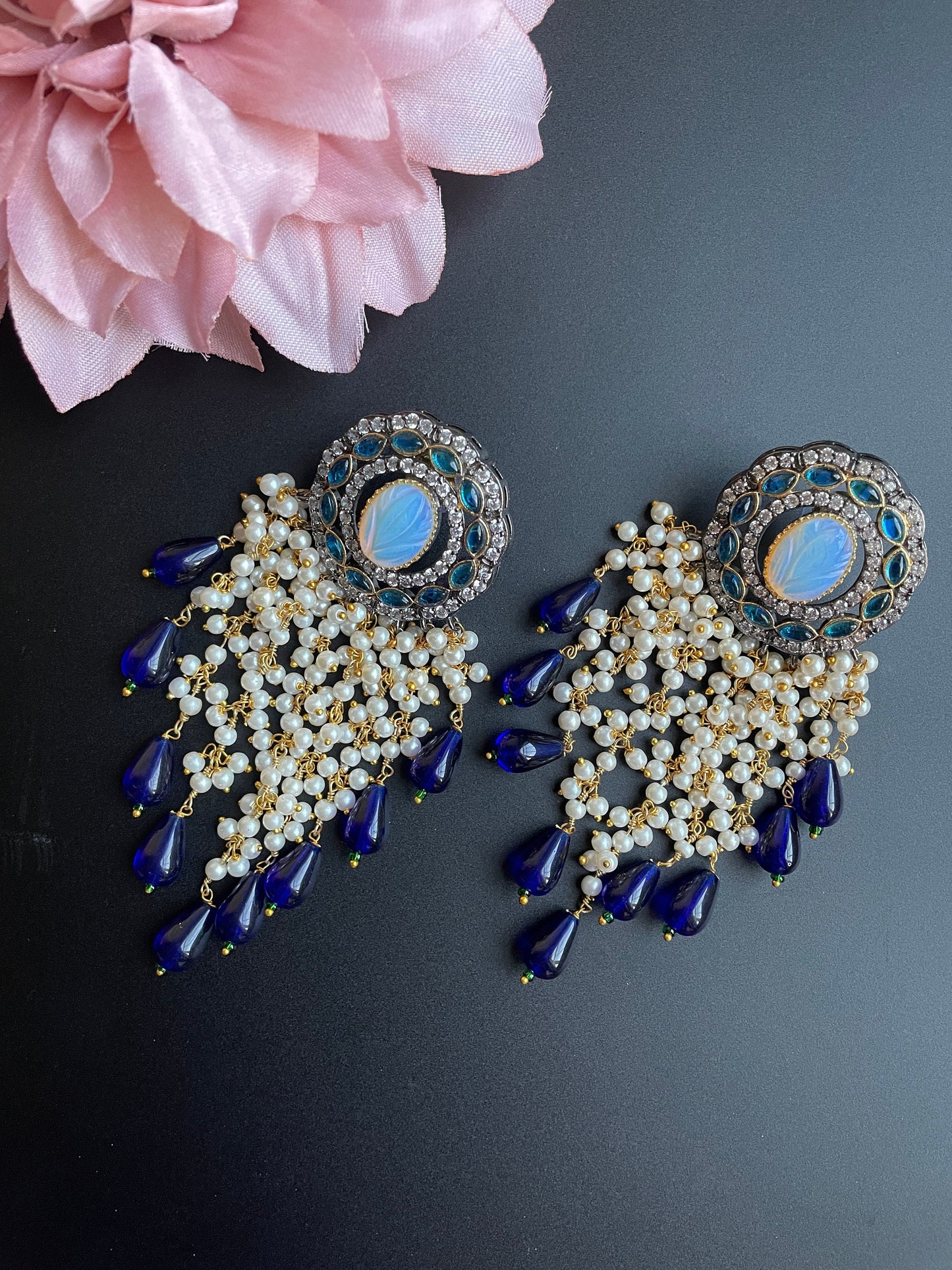 Pendiente de declaración larga rosa/pendiente de diamantes Kundan CZ con cuentas/jhumka azul indio/pendientes modernos pastel neutros/pendiente Boho vintage
