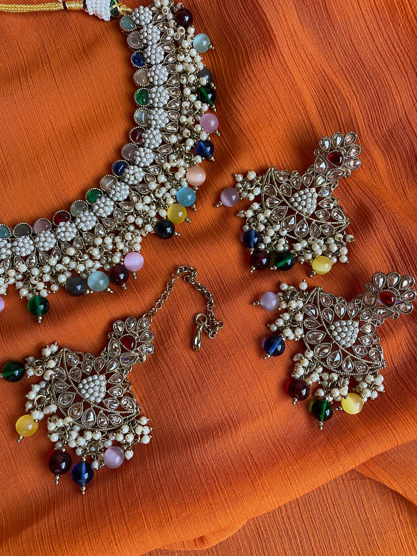 Conjunto de polki indio/gargantilla multicolor Conjunto con joyería tikka/Nikkah/gargantilla india rosa/joyería verde india/gargantilla kundan/collar Sabyasachi