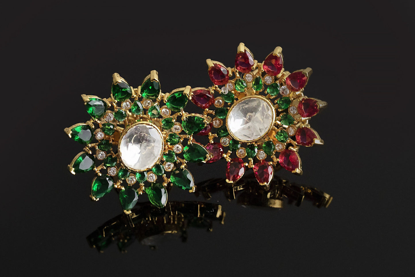 Moissanite Gold Emerald and Ruby Ring