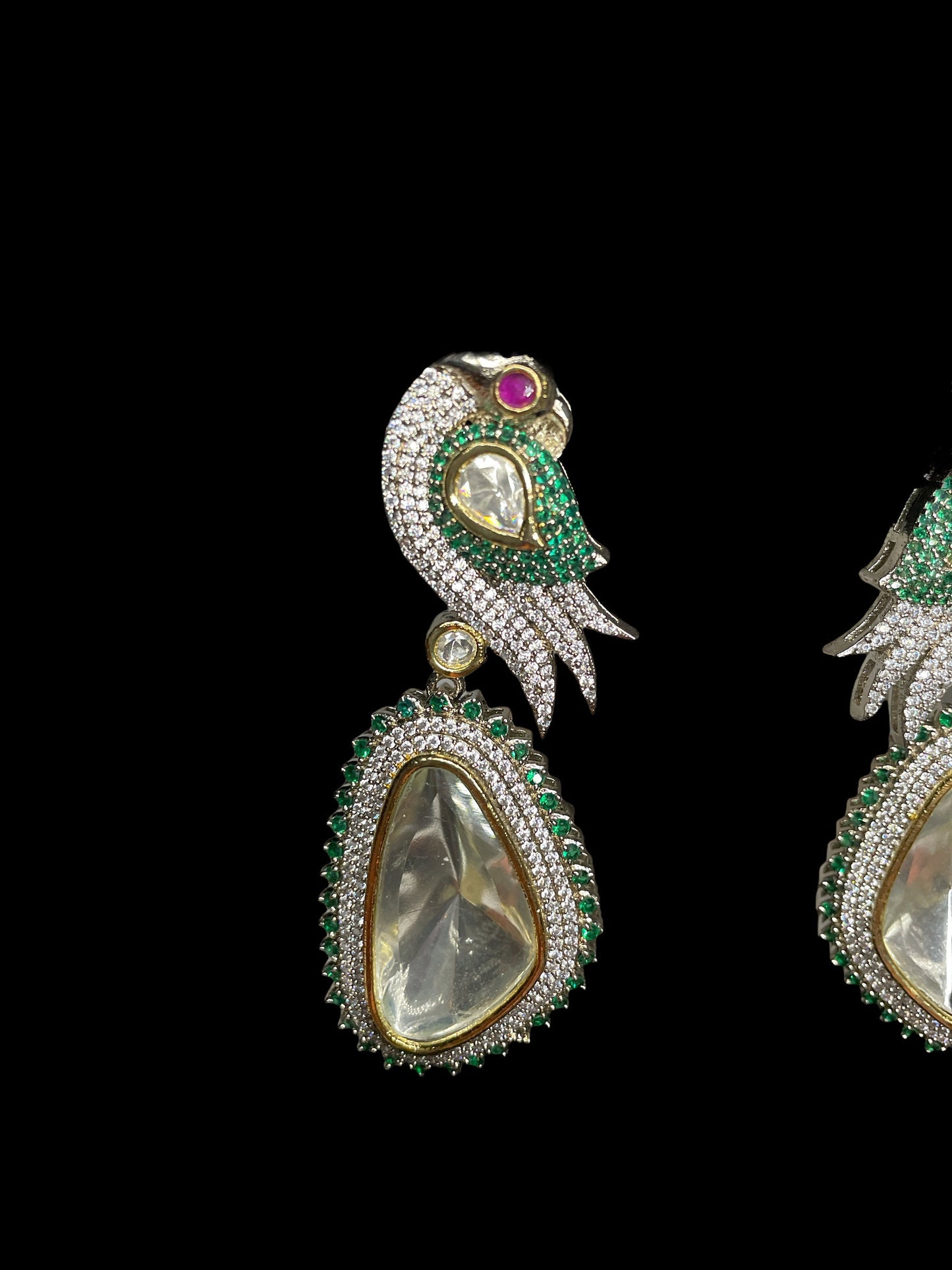 Long Silver Diamond Earrings with Emerald