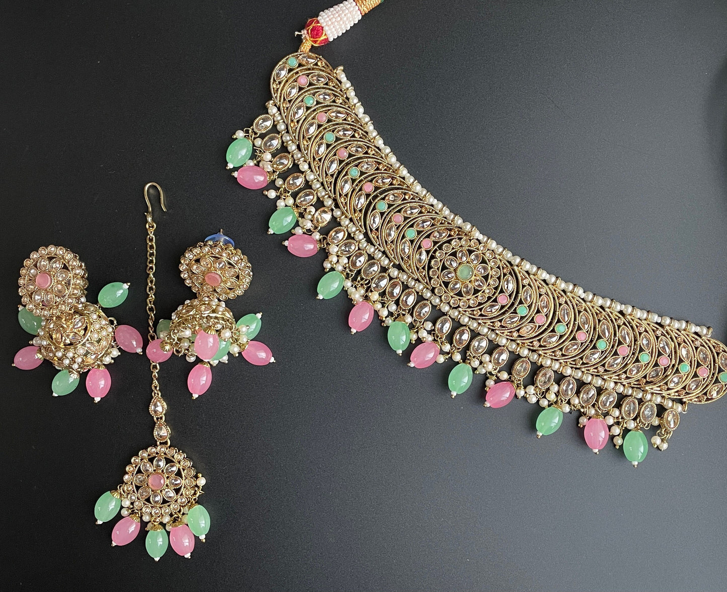 Gargantilla/collar polki multicolor indio con tikka jhumka/gargantilla de boda de recepción sangeet/gargantilla kundan azul verde rosa/sabyasachi
