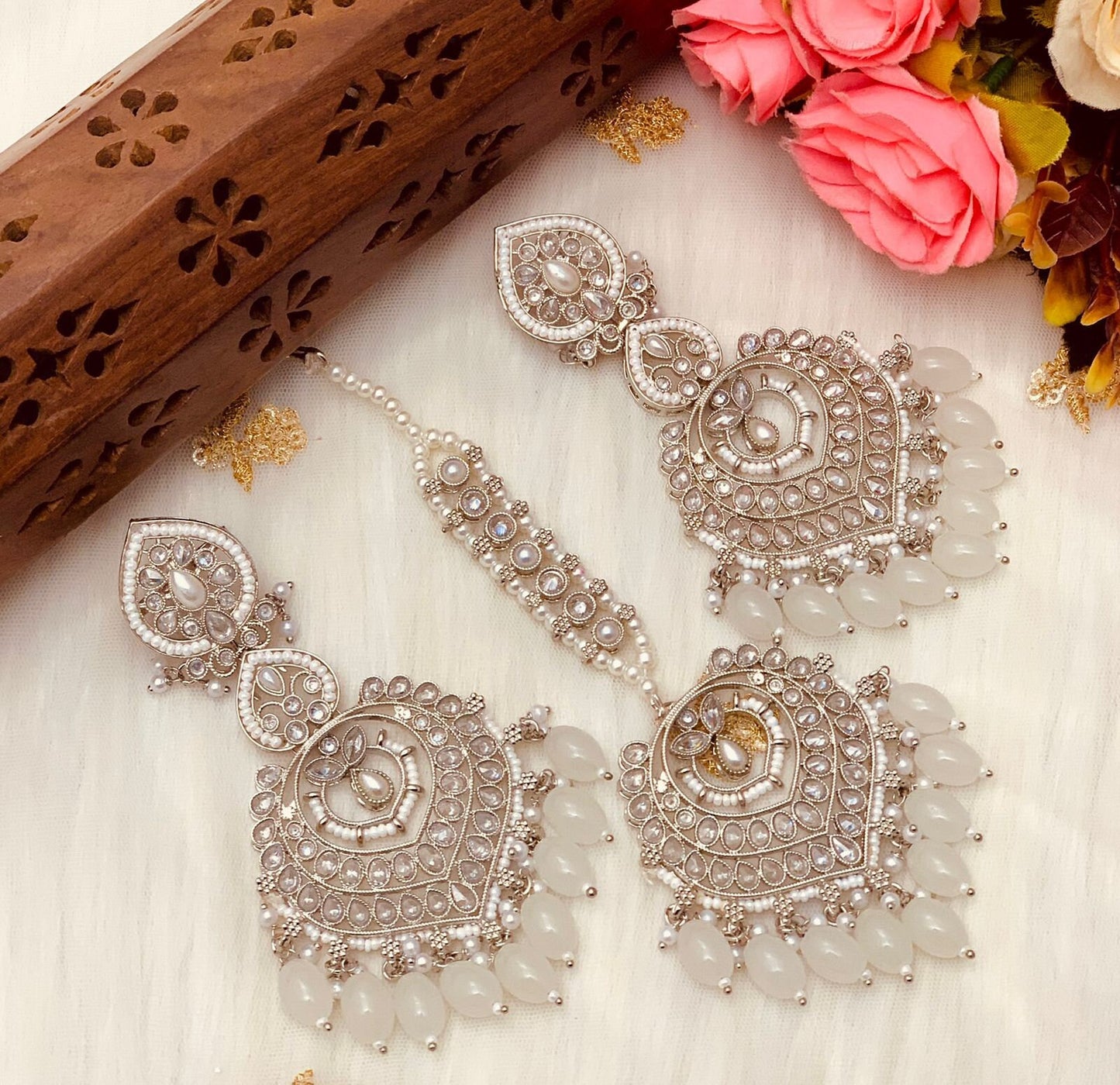 Silver Polki jhumka tikka set