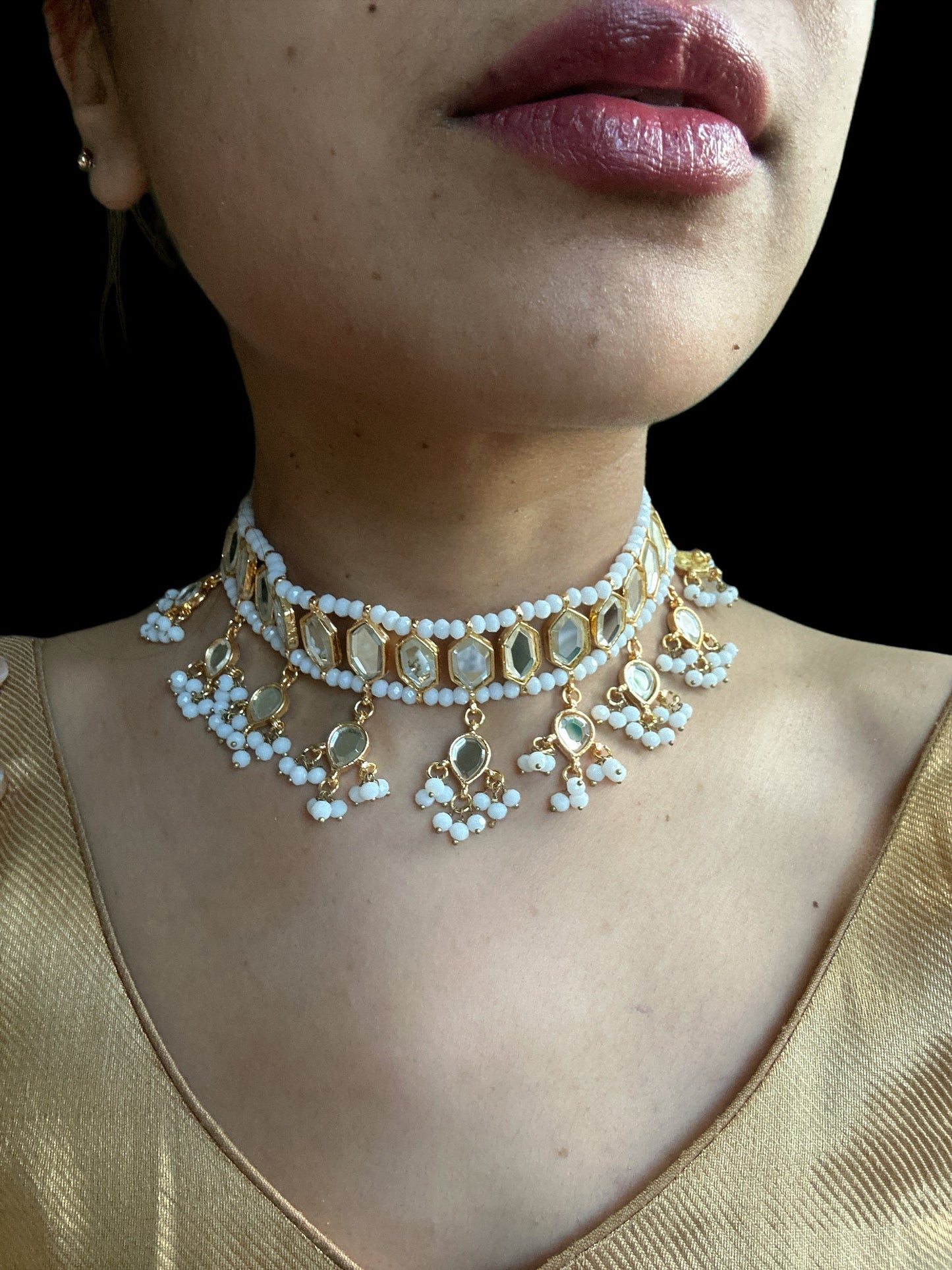 Gargantilla de espejo indio/conjunto kundan simple verde dorado/collar paquistaní con jhumka tikka/joyería nikkah nupcial/gargantilla blanca perla shisha