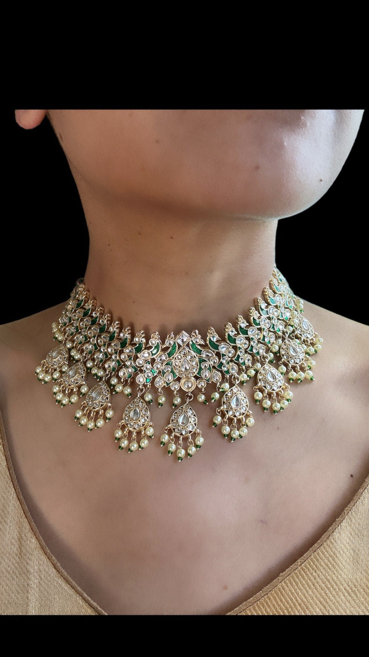 Gargantilla verde oro indio tikka/joyas thapa kundan/joyería nupcial simple paquistaní/collar Pachi kundan/conjunto Polki jhumka esmeralda verde