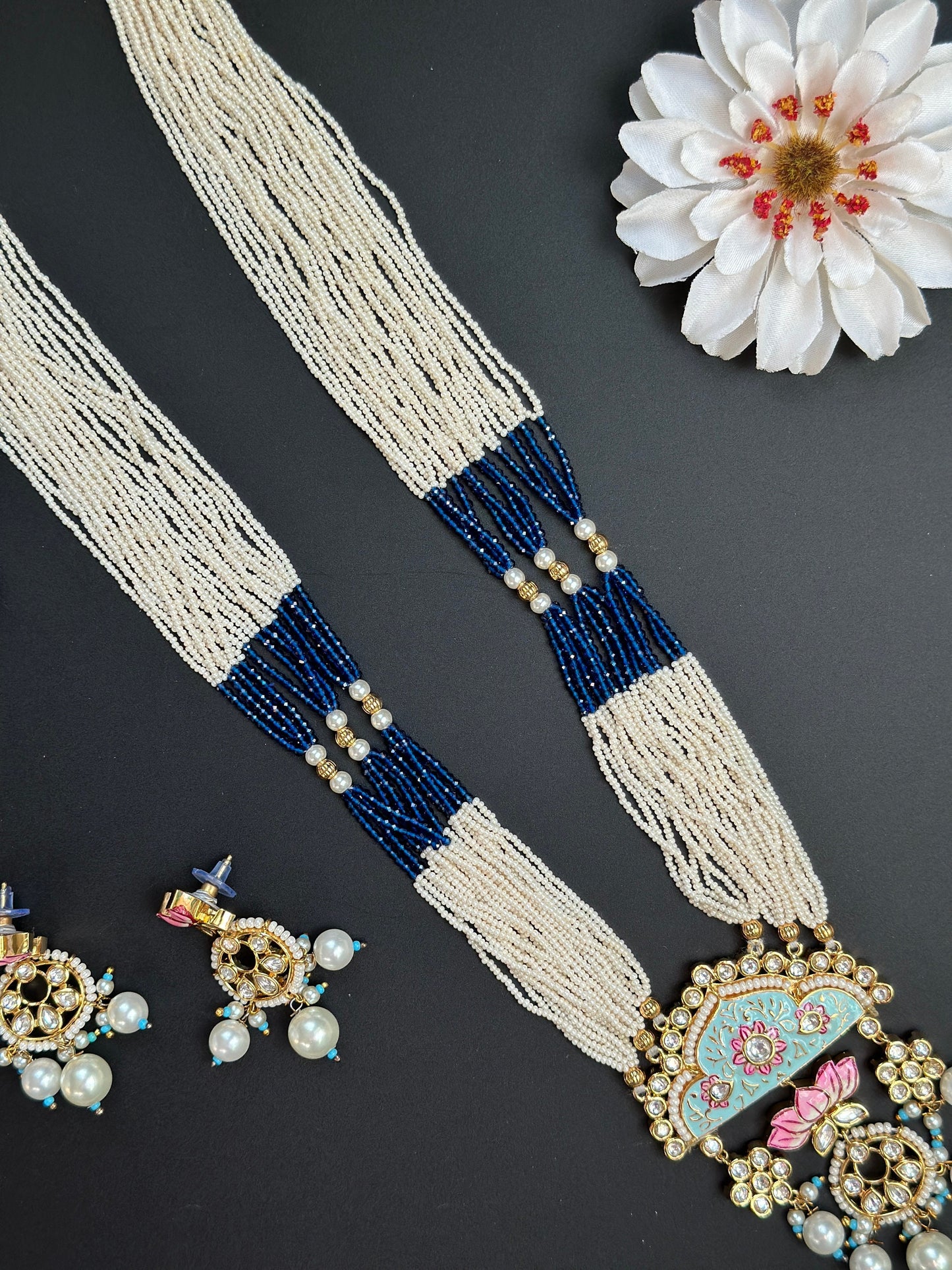 Collar largo de perlas Meenakari/Rani Haar/collar largo azul con pendientes/capa de boda Haar/joyería india/collar Sabyasachi conjunto Jhumka