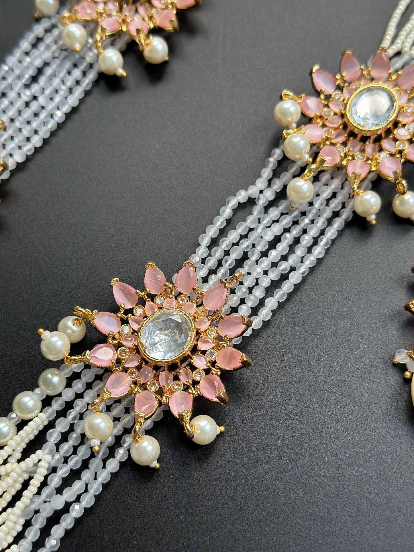 Largo rosa polki haar/collar indio de cuentas de capa/collar largo sabyasachi nupcial/collar de flores moissaitnite de oro blanco/conjunto tikka jhumka