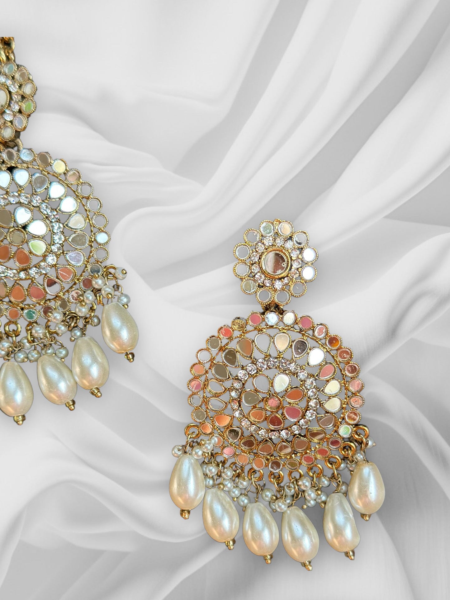 Conjunto Polki Tikka de plata/Pequeño Dainty polki maangtikka/Jhumka y Tikka con perla/Espejo joyería india/pendiente Tikka nupcial de boda Kundan