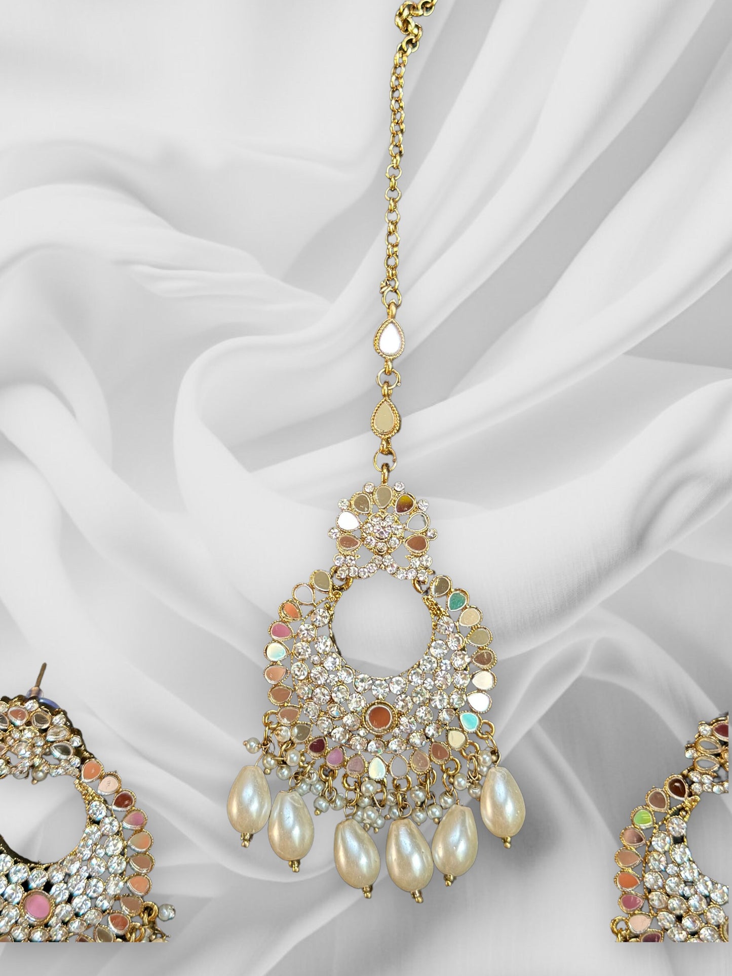 Conjunto Polki Tikka de plata/Pequeño Dainty polki maangtikka/Jhumka y Tikka con perla/Joyería india Kundan/Conjunto de cuentas de pendientes Tikka nupciales de boda