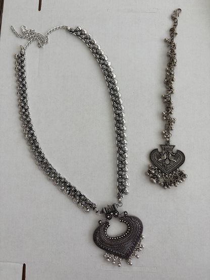 Oxidized Silver Indian Jewelry Set | Long Necklace with Choker Jhumka Tikka Bangles Ring