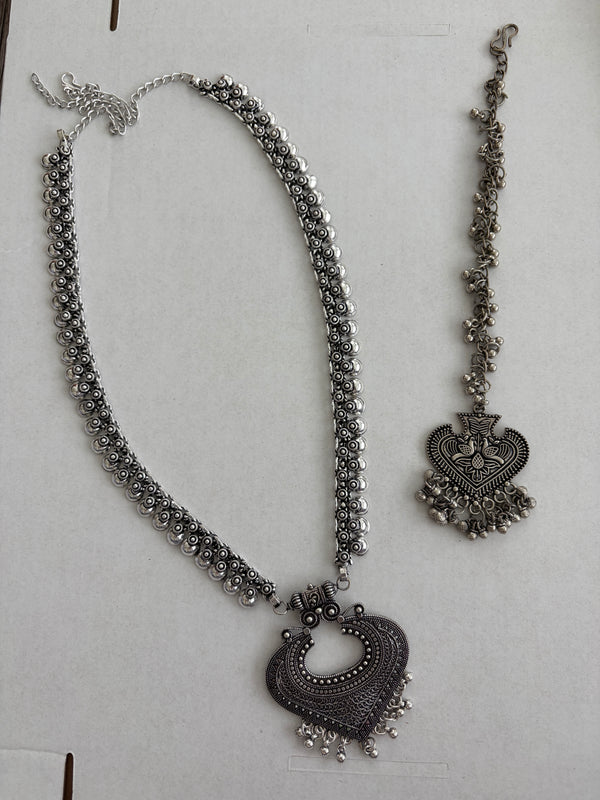 Oxidized Silver Indian Jewelry Set | Long Necklace with Choker Jhumka Tikka Bangles Ring