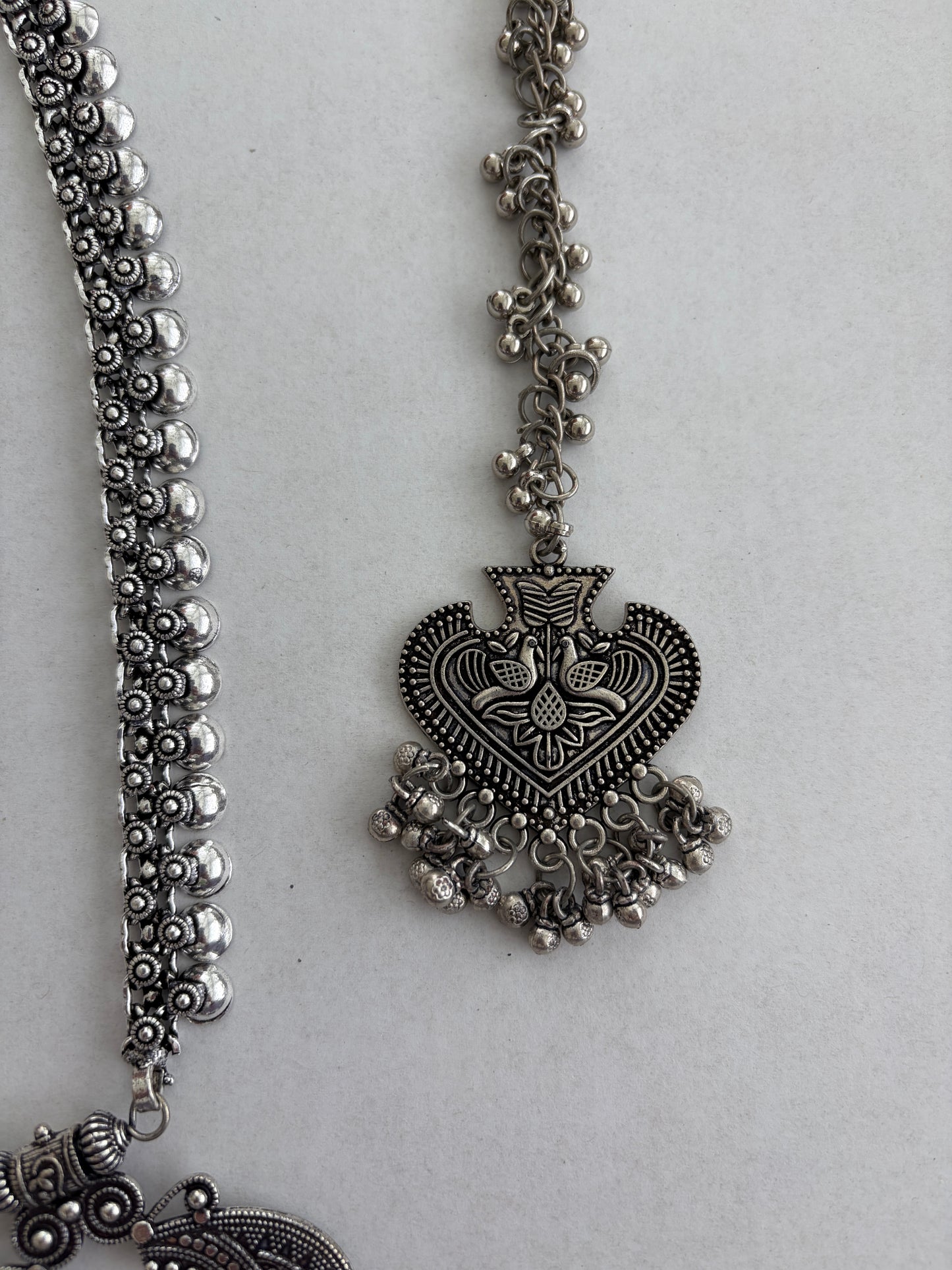 Oxidized Silver Indian Jewelry Set | Long Necklace with Choker Jhumka Tikka Bangles Ring