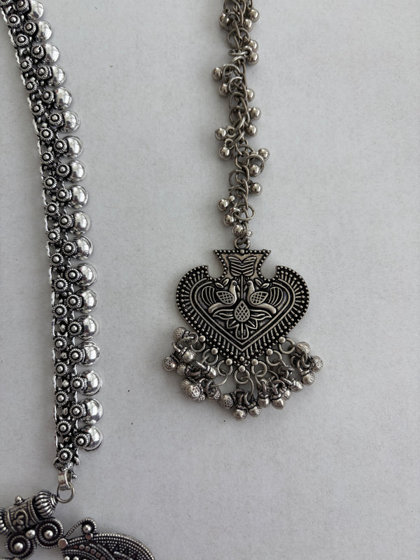 Oxidized Silver Indian Jewelry Set | Long Necklace with Choker Jhumka Tikka Bangles Ring