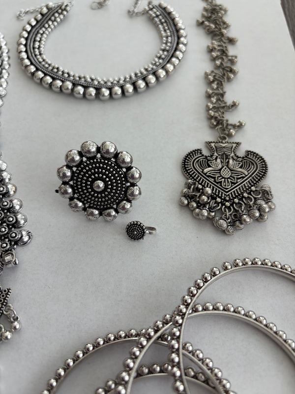 Oxidized Silver Indian Jewelry Set | Long Necklace with Choker Jhumka Tikka Bangles Ring