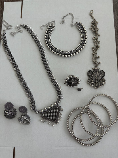 Oxidized Silver Indian Jewelry Set | Long Necklace with Choker Jhumka Tikka Bangles Ring