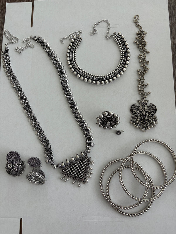 Oxidized Silver Indian Jewelry Set | Long Necklace with Choker Jhumka Tikka Bangles Ring