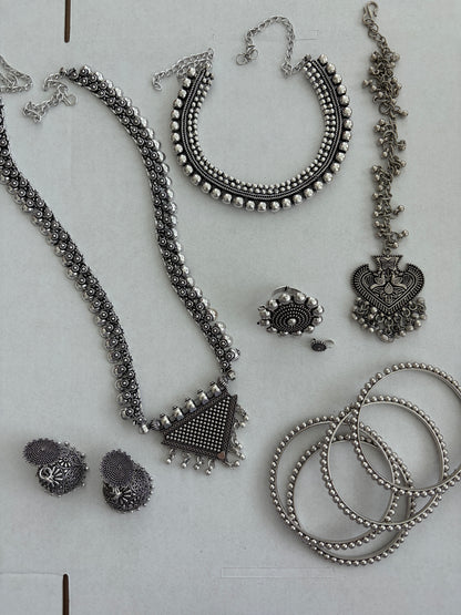 Oxidized Silver Indian Jewelry Set | Long Necklace with Choker Jhumka Tikka Bangles Ring