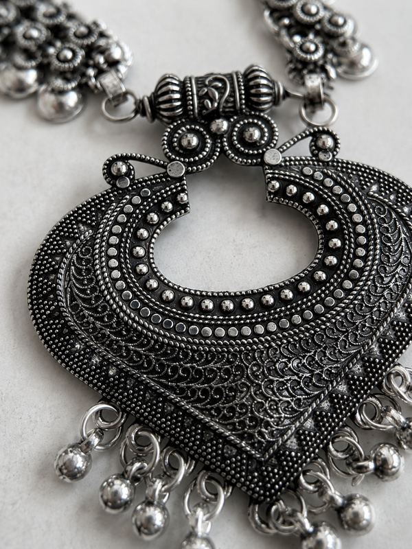 Oxidized Silver Indian Jewelry Set | Long Necklace with Choker Jhumka Tikka Bangles Ring