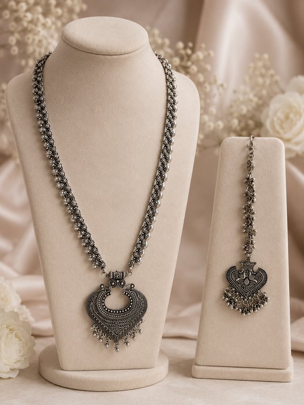 Oxidized Silver Indian Jewelry Set | Long Necklace with Choker Jhumka Tikka Bangles Ring