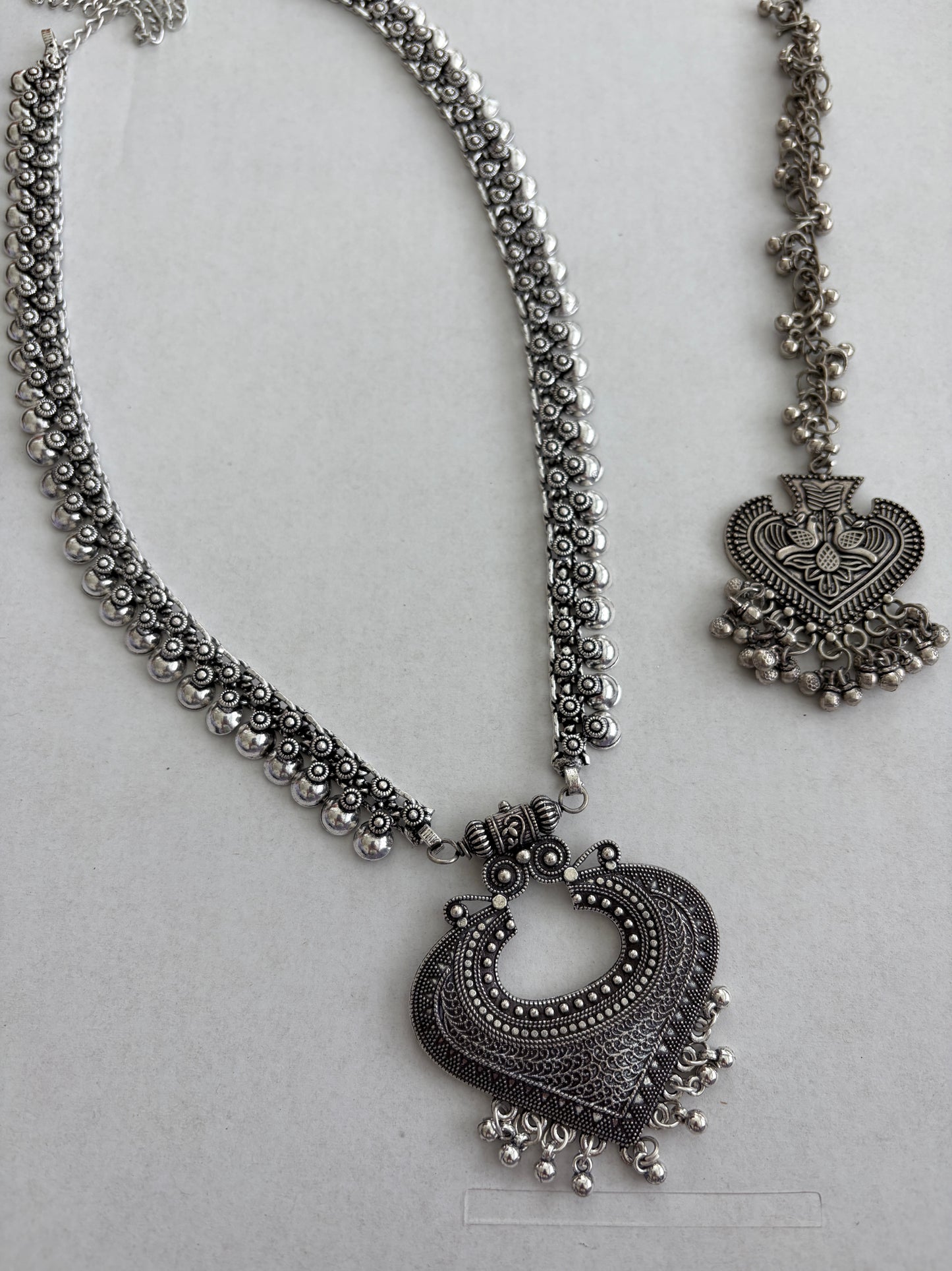 Oxidized Silver Indian Jewelry Set | Long Necklace with Choker Jhumka Tikka Bangles Ring
