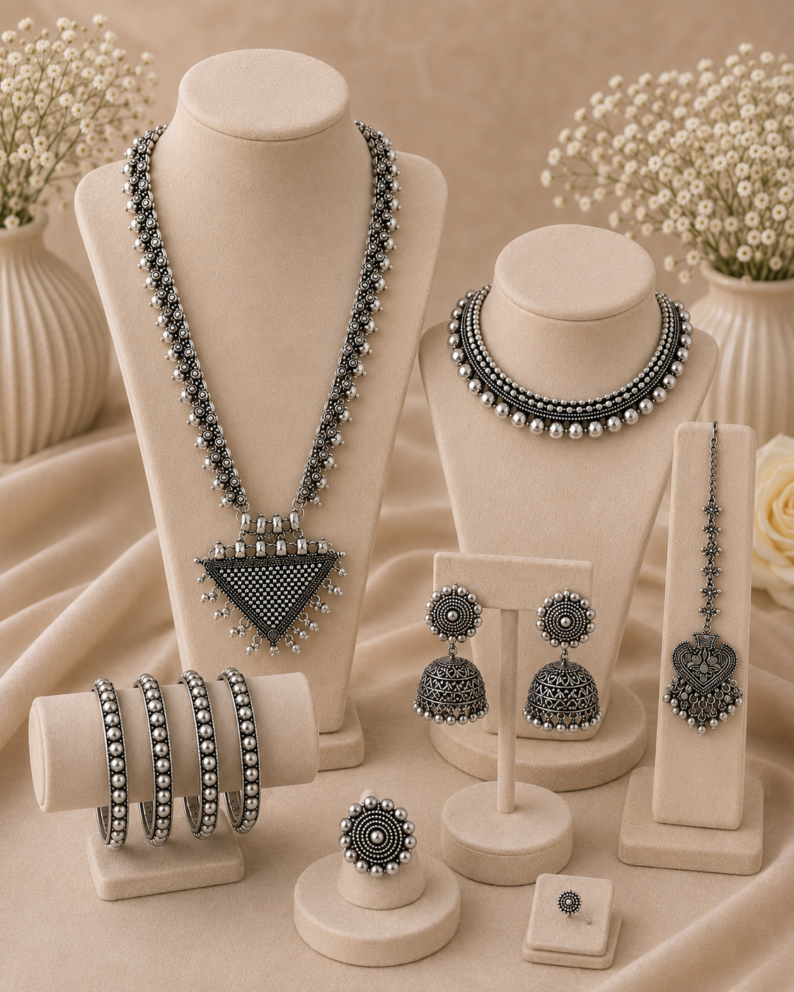 Jewelry set including necklace, earrings, and bangles, nose pin, ring