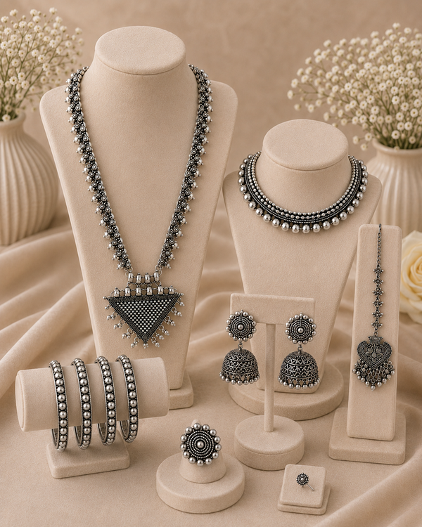 Oxidized Silver Indian Jewelry Set | Long Necklace with Choker Jhumka Tikka Bangles Ring