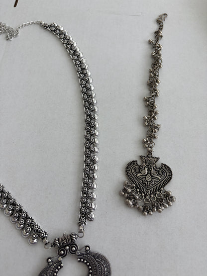 Oxidized Silver Indian Jewelry Set | Long Necklace with Choker Jhumka Tikka Bangles Ring