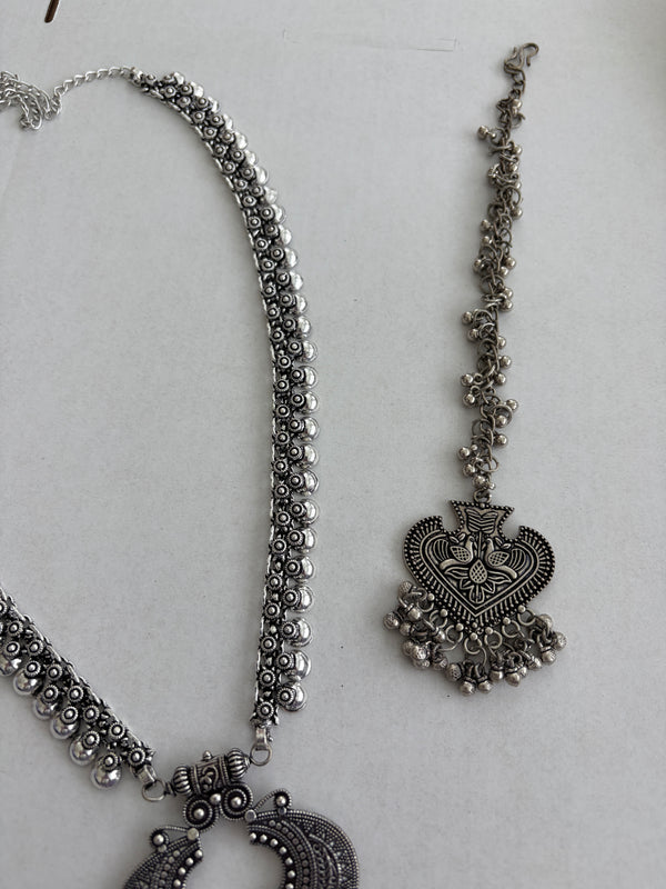 Oxidized Silver Indian Jewelry Set | Long Necklace with Choker Jhumka Tikka Bangles Ring