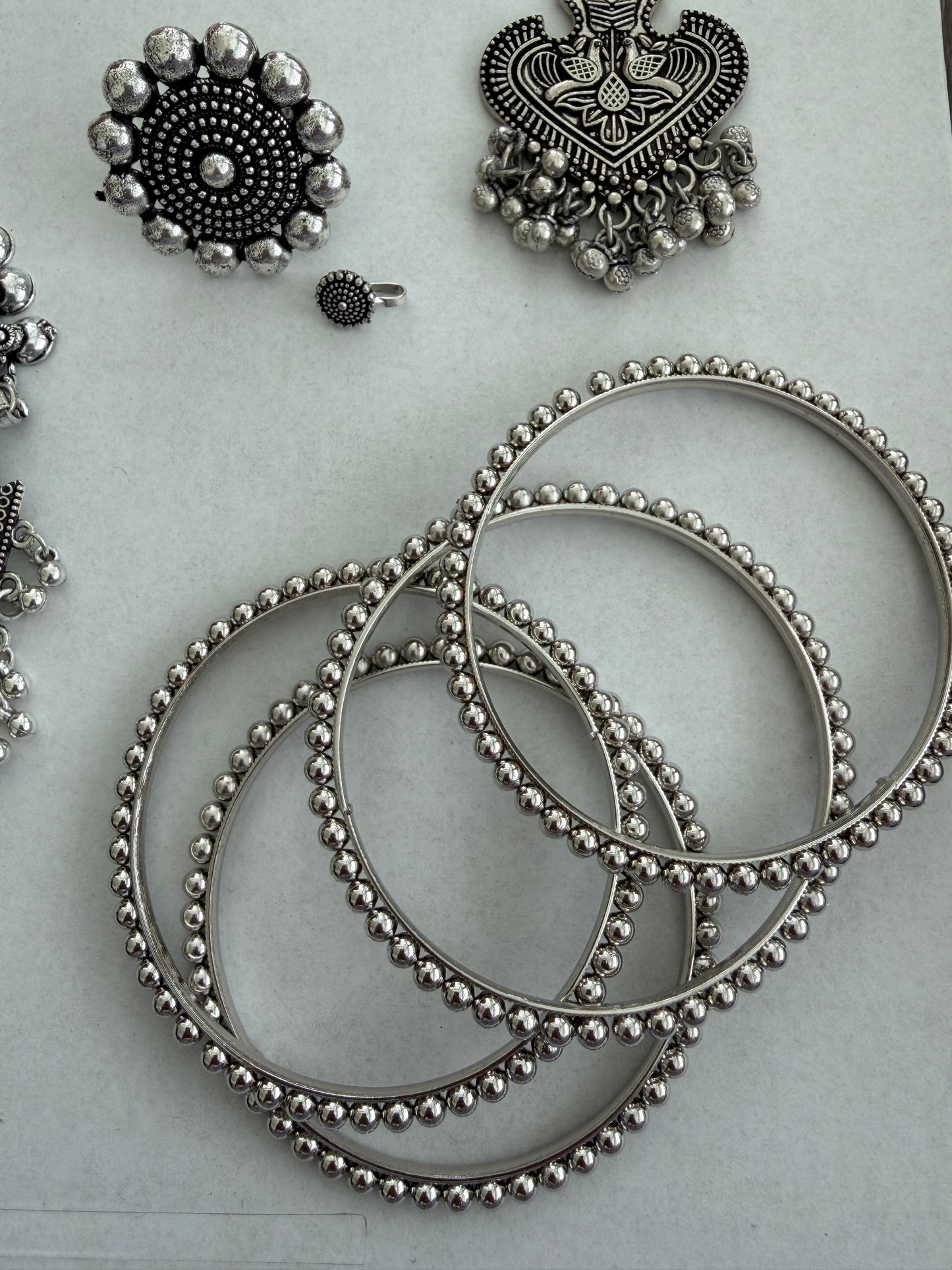 Oxidized Silver Indian Jewelry Set | Long Necklace with Choker Jhumka Tikka Bangles Ring