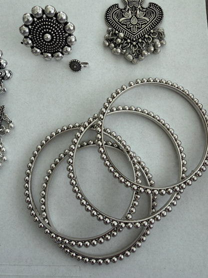 Oxidized Silver Indian Jewelry Set | Long Necklace with Choker Jhumka Tikka Bangles Ring