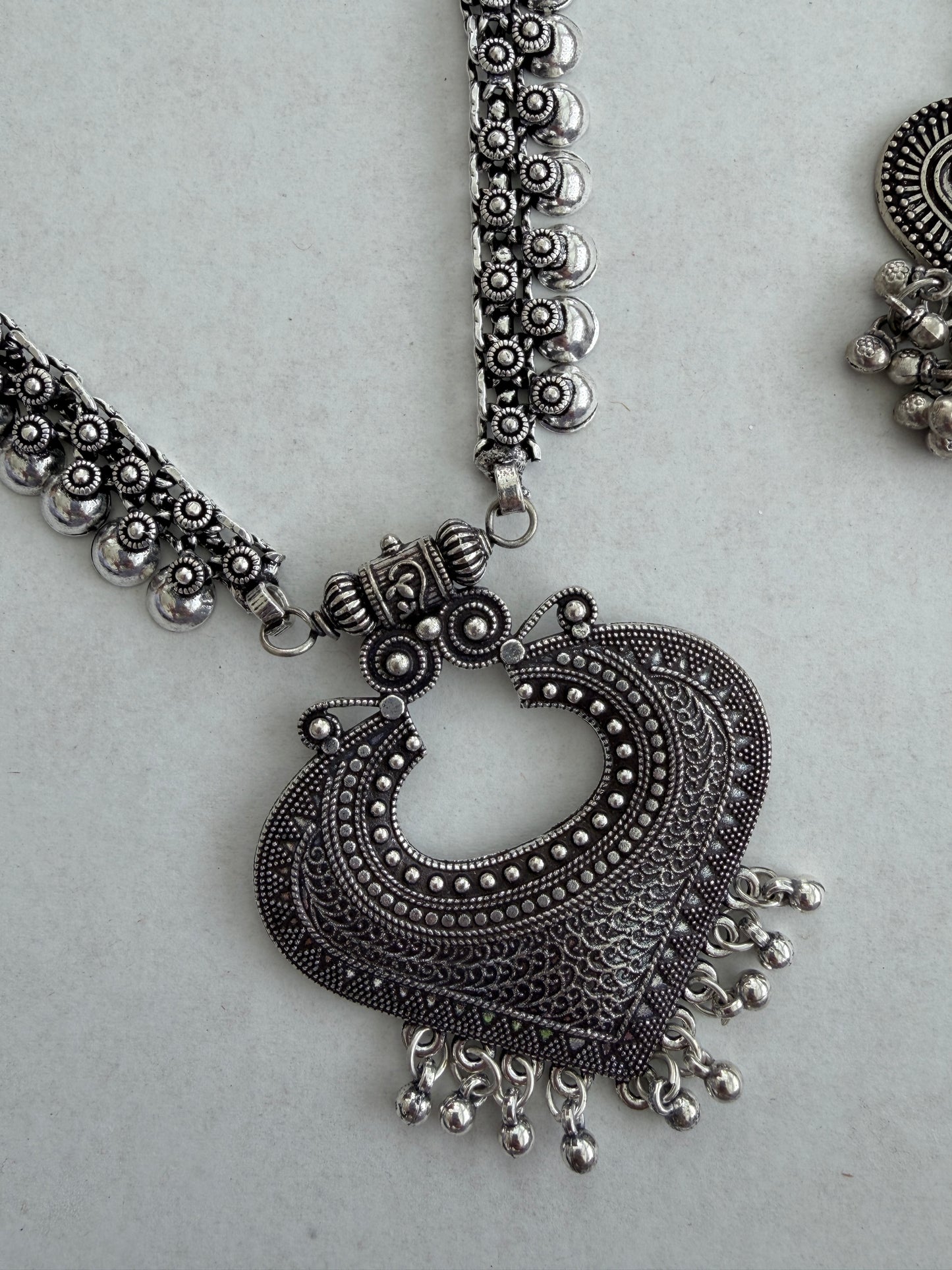 Oxidized Silver Indian Jewelry Set | Long Necklace with Choker Jhumka Tikka Bangles Ring
