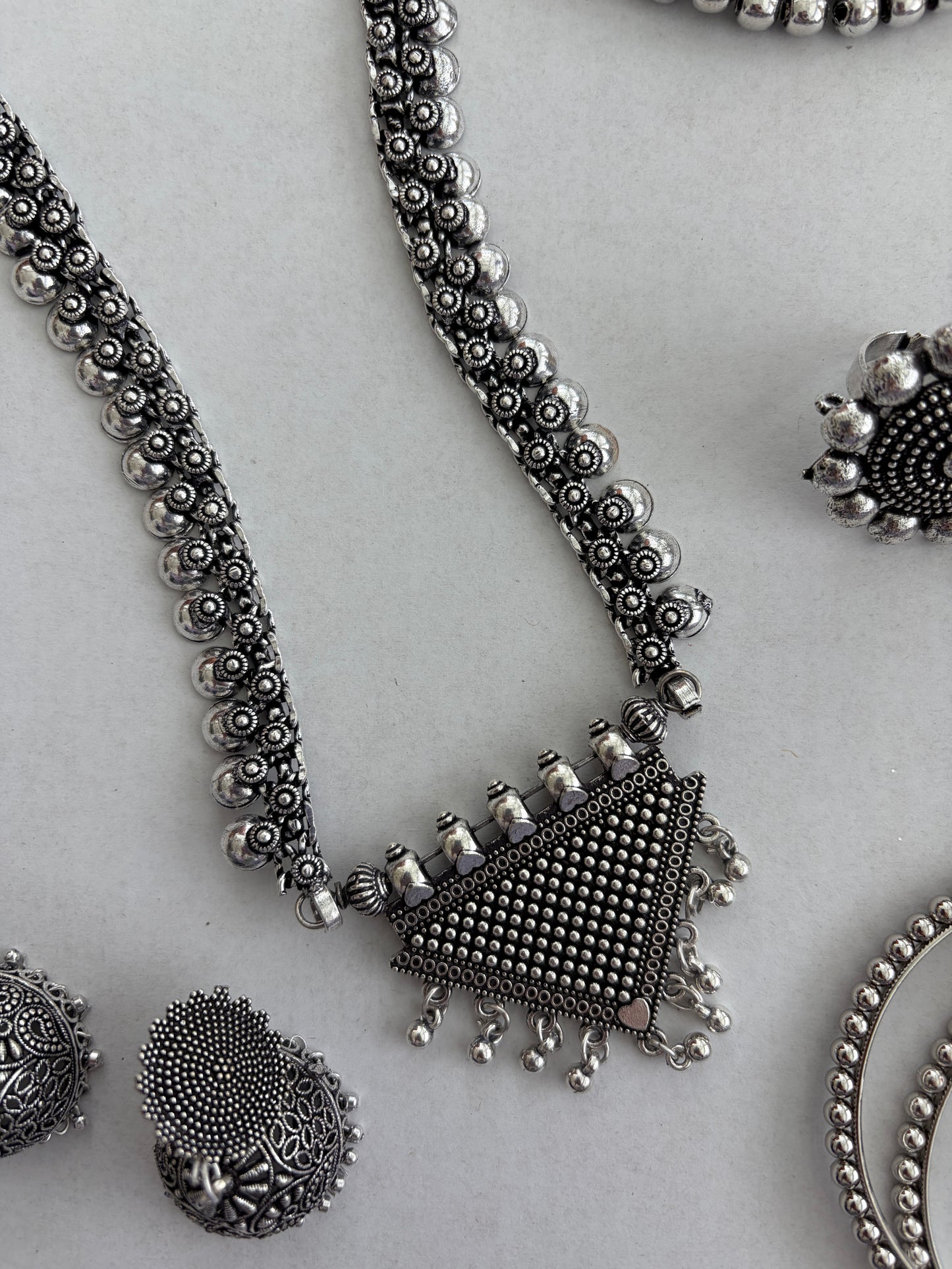 Silver oxidized long necklace with ghungroo