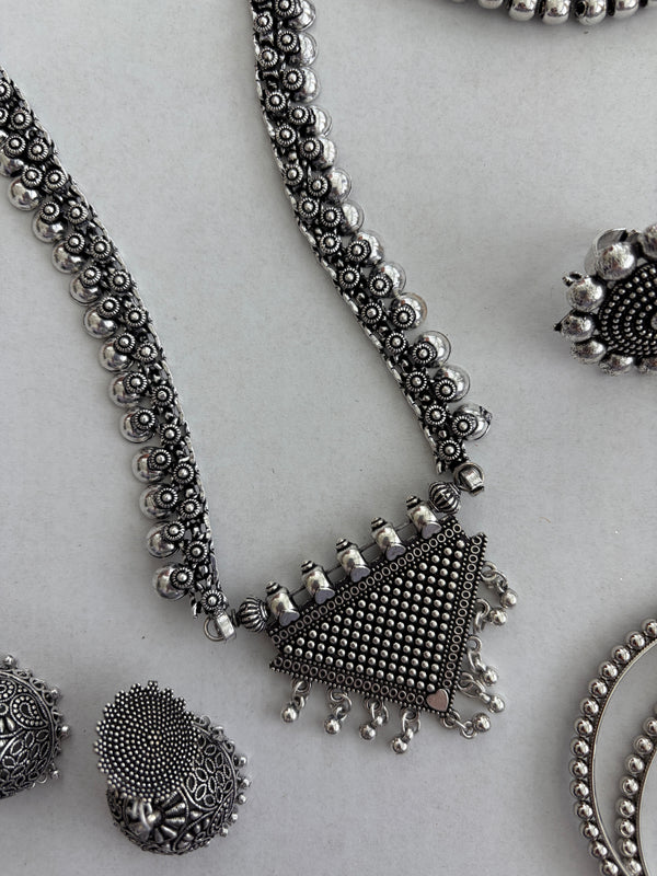 Oxidized Silver Indian Jewelry Set | Long Necklace with Choker Jhumka Tikka Bangles Ring