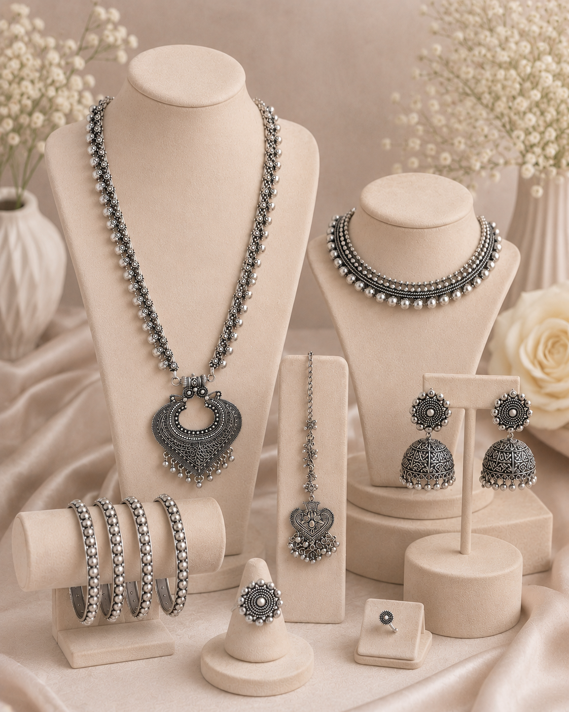 Oxidized Silver jewelry set including necklace, earrings, and bracelets, nose pin, choker and maangtikka