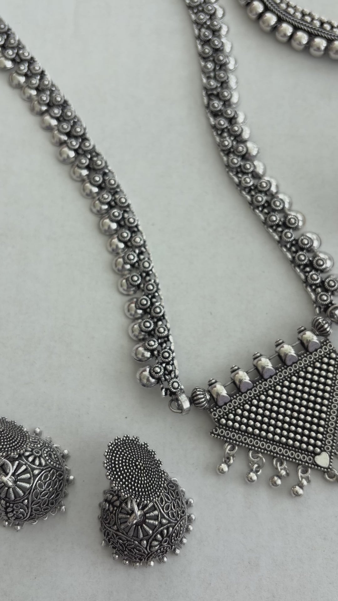 Oxidized Silver Indian Jewelry Set | Long Necklace with Choker Jhumka Tikka Bangles Ring
