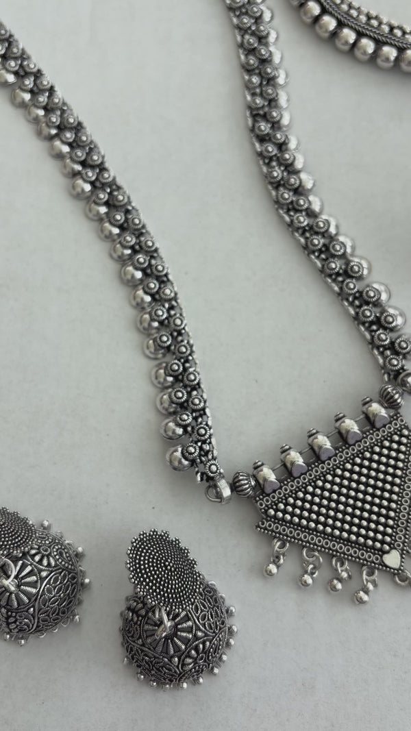 Oxidized Silver Indian Jewelry Set | Long Necklace with Choker Jhumka Tikka Bangles Ring