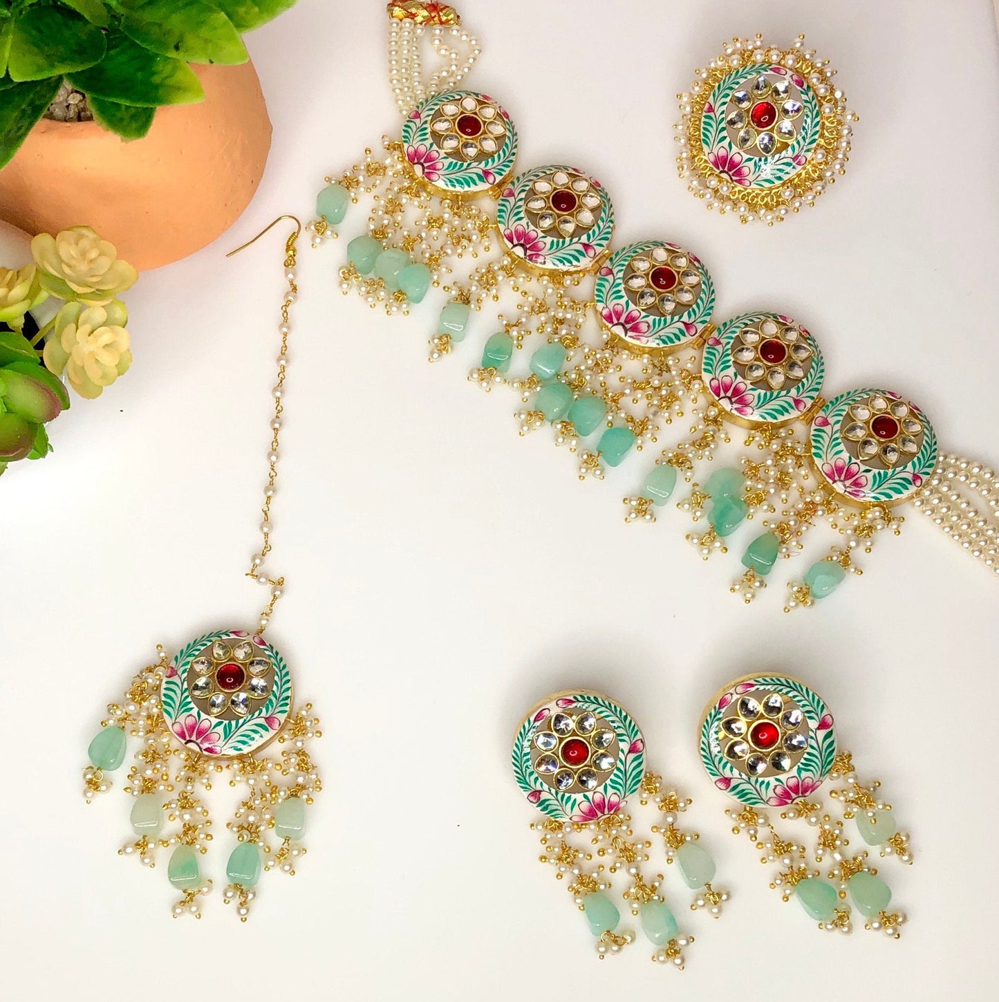 Indian Meenakari blue necklace/wedding jewelry with tikka jhumka/light bridal necklace/mint choker with earrings/quality flower choker set