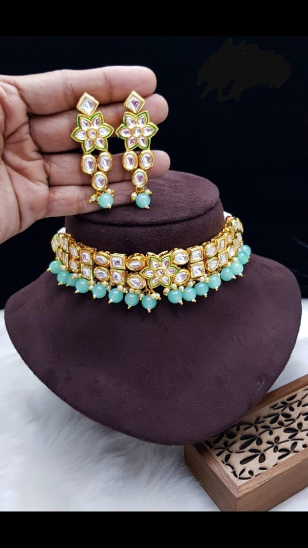 Pink Mint Gold Choker with matching jhumka/Bridal Indian light jewelry/Simple walima necklace/Nikkah choker with studs/traditional temple