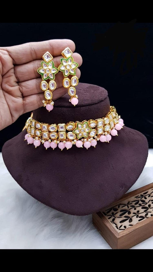 Gargantilla de oro rosa menta con jhumka a juego/joyería ligera india nupcial/collar walima simple/gargantilla Nikkah con tachuelas/templo tradicional  MerakeJewelry