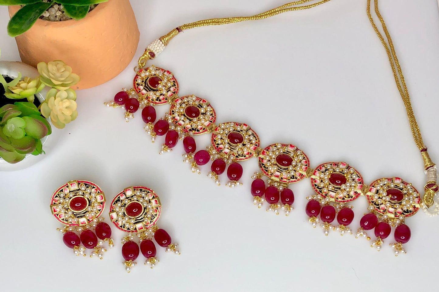 meenakari pink red white choker/sangeet mehendi necklace with jhumka/unique gift for her/indian bridal jewelry/lightweight simple bright