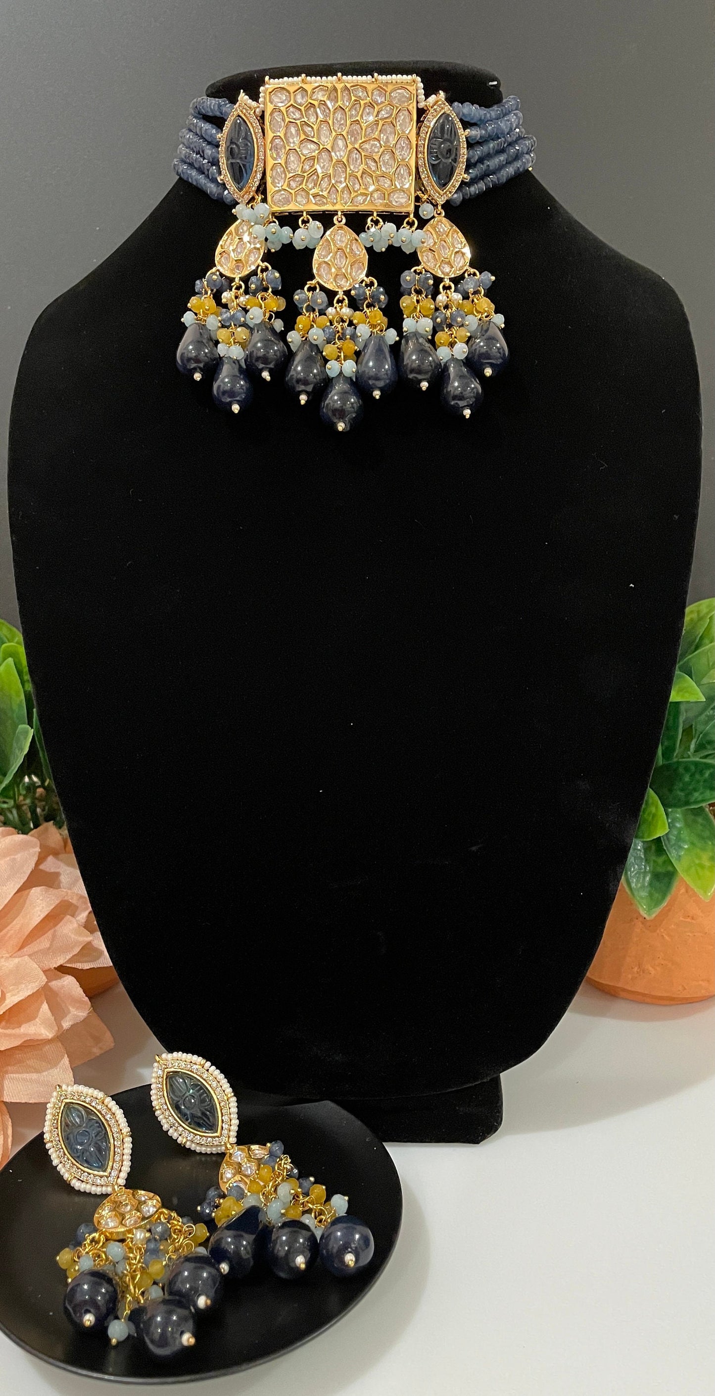 Modern blue choker with jhumka/Gold kundan Set/Reception sabyasachi jewelry/Blue Indian choker/Polki Choker/Indian Wedding Jewelry/bridal