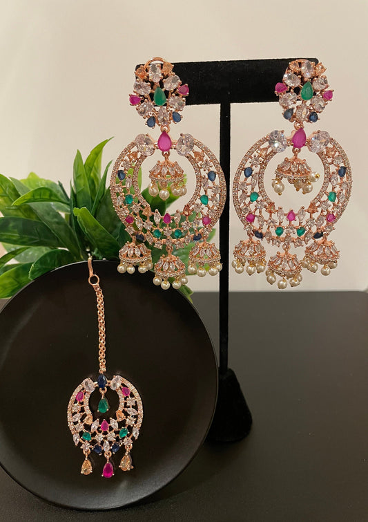 Maangtika set/Multi color Cz tikka/pink cz tikka/cz tikka and earring/black cz tikka/CZ Indian earrings/CZ headpiece Indian/jhumka tikka set  MerakeJewelry