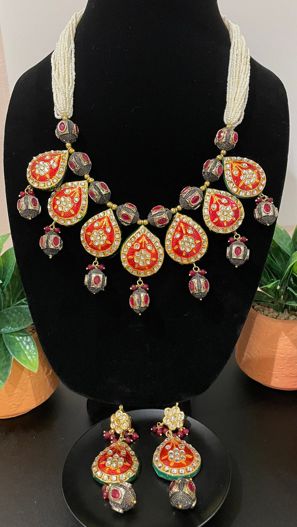 Meena Red Pearl Necklace Set