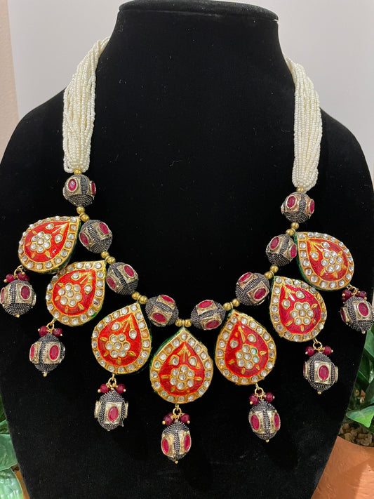 Meena Red Pearl Necklace Set  MerakeJewelry