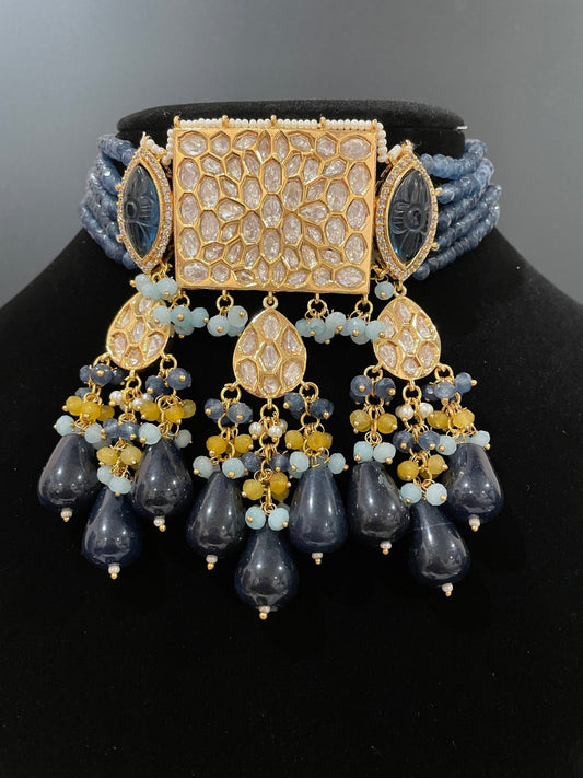 Gargantilla azul moderna con jhumka/Conjunto de kundan de oro/Joyería sabyasachi de recepción/Gargantilla india azul/Gargantilla Polki/Joyería de boda india/novia  MerakeJewelry